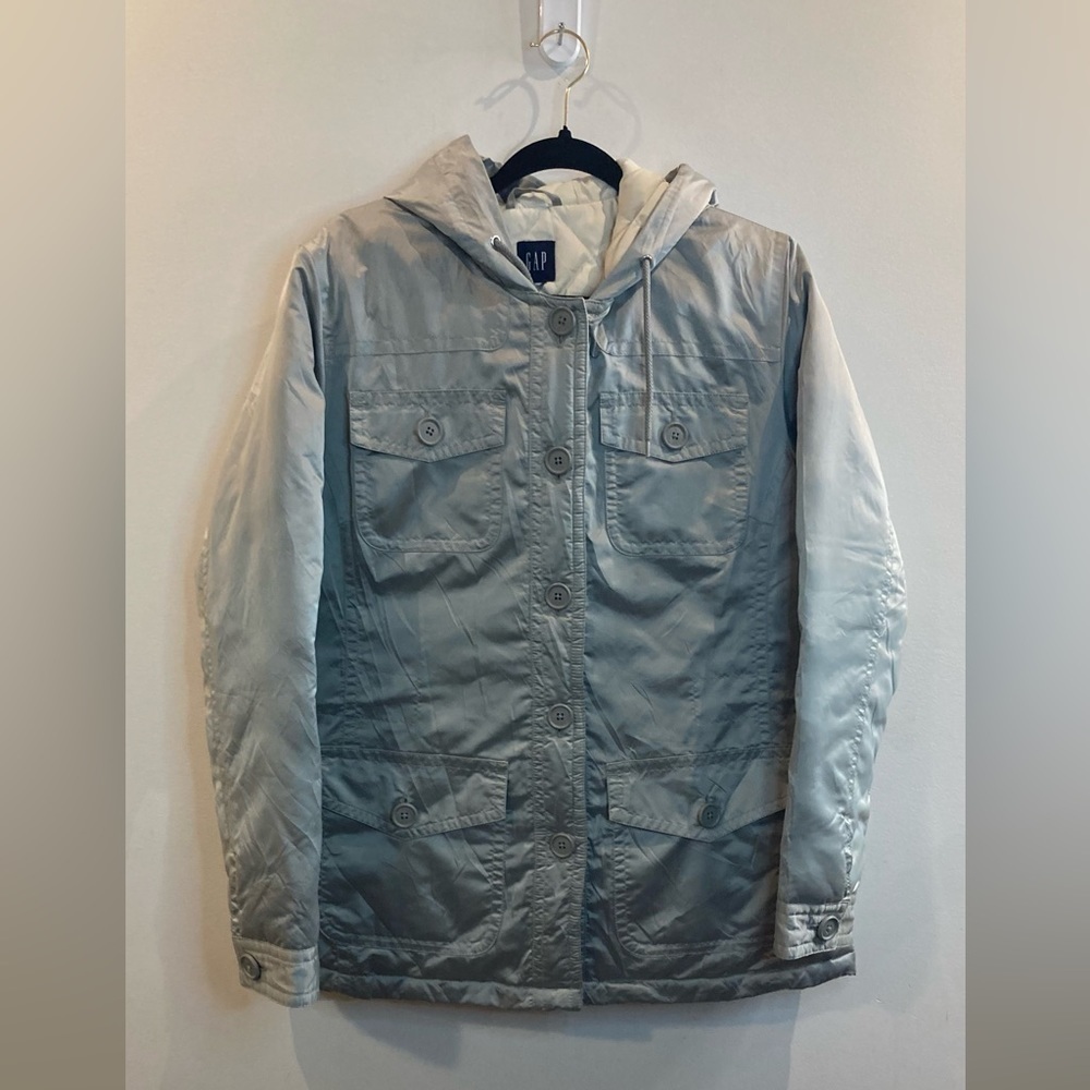 GAP Sz L Silver Quilted Cozy Drawstring Waist Many Pockets Puffer Coat Jacket